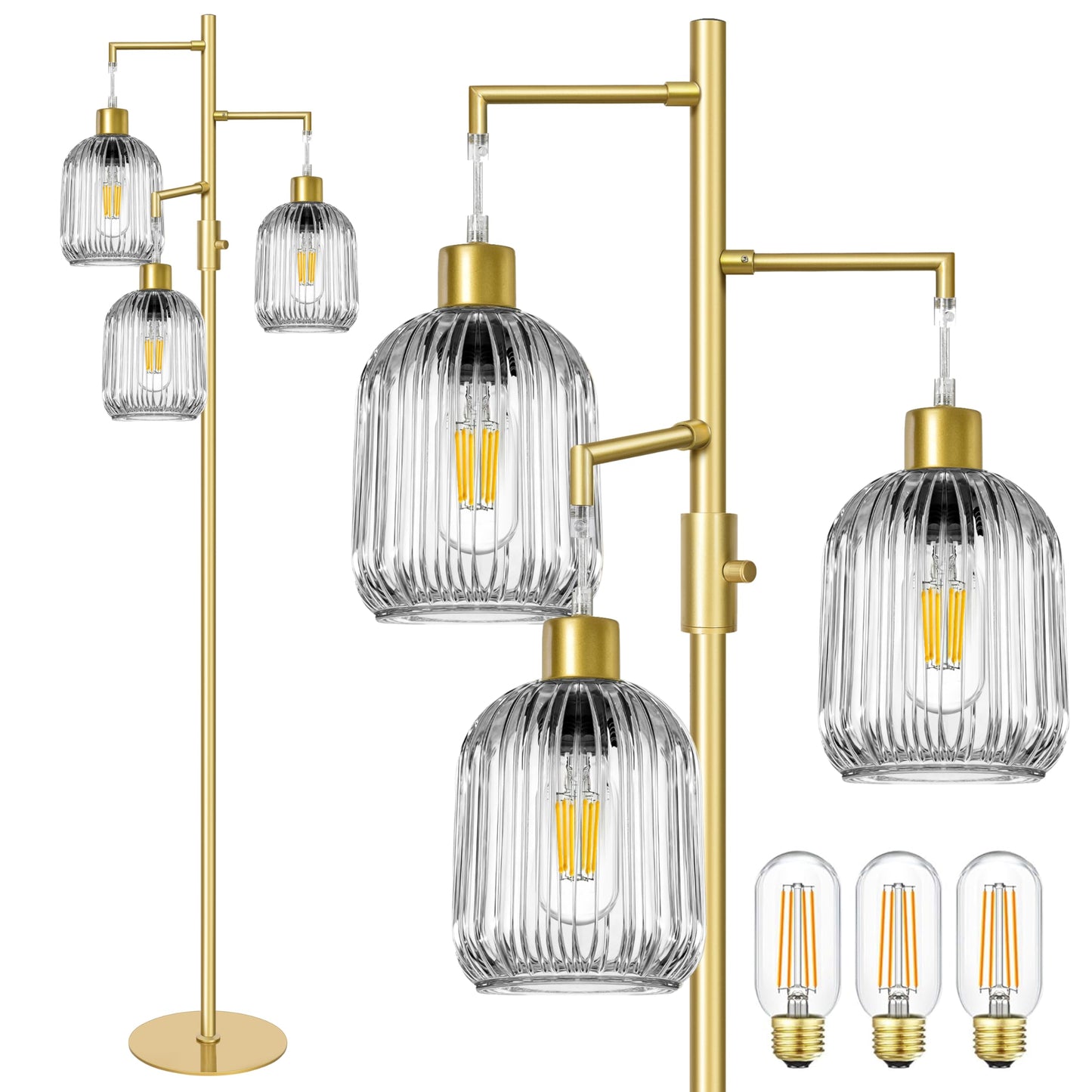 LVYE Modern Standing Lamps for Living Room, Floor Lamp with Clear Ribbed Glass Shade, Dimmable Tree Lamp Standing Lamp, Mid Century Tall Lamps with 3×600LM LED Bulbs