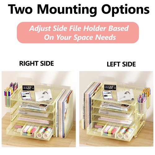 OPNICE Desk Organizers and Accessories, 5-Tier Paper File Organizer with Drawer & Pen Holder, Office Desk Accessories Workspace Desktop Organizer for Office Supplies(Gold)