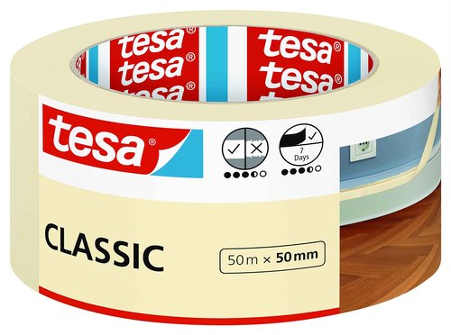 tesa Masking Tape CLASSIC - Painter's Tape for Masking During Painting Work - Solvent-free, Removable without Residue - 50 m x 50 mm