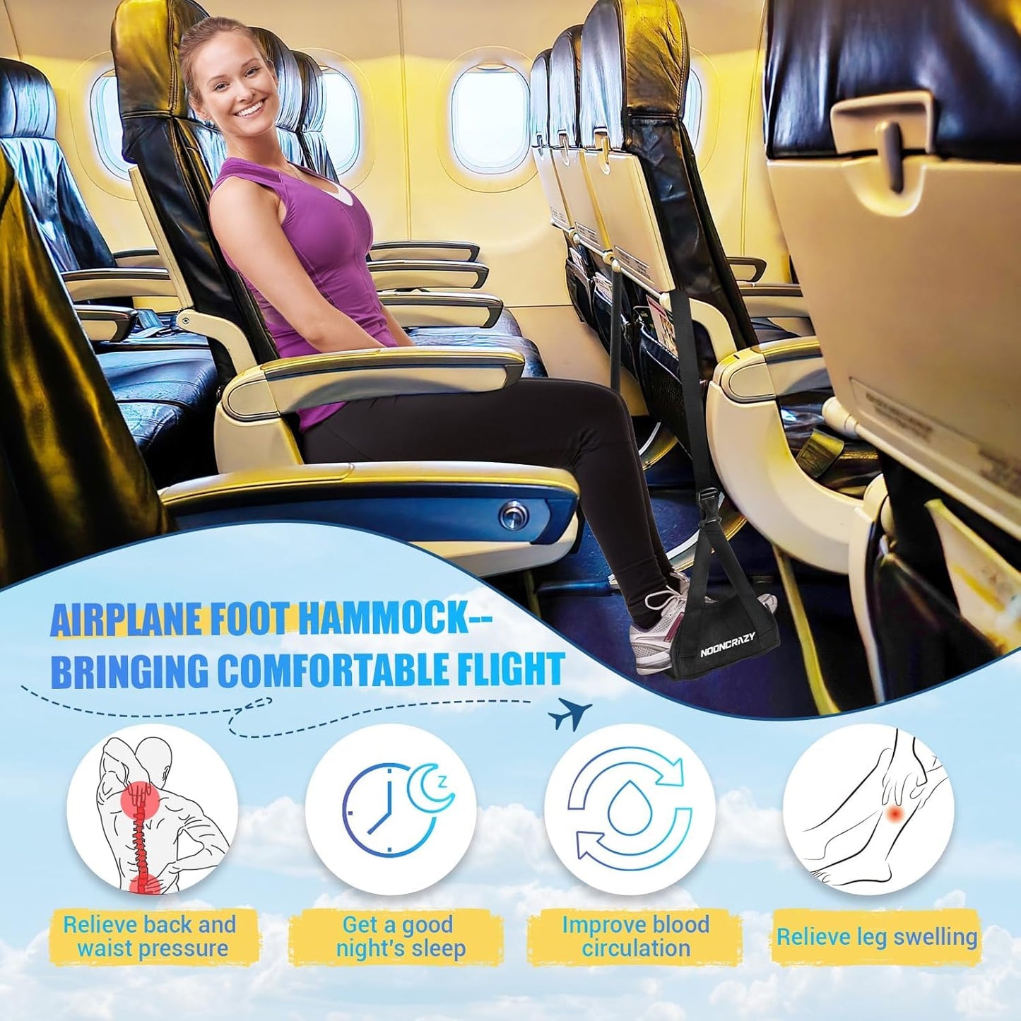 Skiennix Airplane Foot Hammock - No Collapse Foot Rest for Travel | Adjustable Strap & Foam Comfort (Black, 2PC)