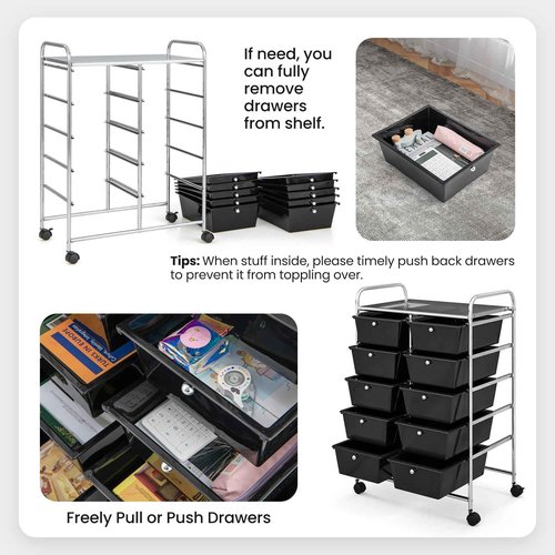 HOMGX Rolling Cart with 10 Drawers, 10 Tiers Multicolor Trolley, Drawer Bin Carts with 2 Lockable Wheels, Adjustable File & Debris Organizer Cart, Rolling Storage Cart for Office, School, Home