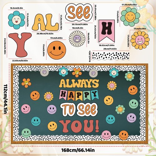 VABAMNA 63 Pcs Groovy Bulletin Board Decorations Set Retro Smiley Face Classroom Decor with Black Dots Border Trims for Back to School Classroom Wall Door Decor