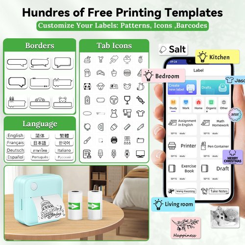 Miouca Label Maker Machine with Tape - 14 Sizes Mini Sticker Printer Bluetooth Label Printer for Home Office Organization, Portable Thermal Sticker Maker Print Pod with Multiple Templates for Phone