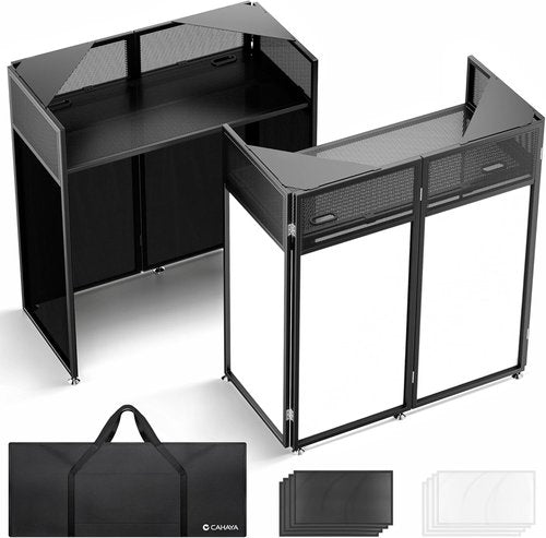 CAHAYA DJ Booth Stand - Portable DJ Table Facade with Double Top Corners | Black & White Scrims, Easy Setup, 40"L x 20"W