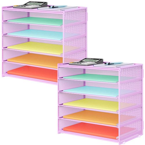 Biciyarn 2 Pack 6 Tier Paper Organizer, Metal Mesh Desk File Folder, Letter Tray Organizer, Paper Sorter Desk Organizers for Office, Home or School File Folder Holder - Purple