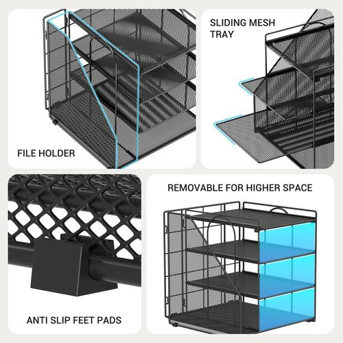 Becomrock Desk File Organizer and Accessories, 4-Tier Paper Organizer with Vertical File Holder, Office Desk Accessories & Workspace Organizers and Storage for Office Supplies (Black)