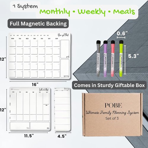 Magnetic Dry Erase Calendar by [Brand Name] - 3 Pack Monthly Whiteboard Meal Planner with 4 Markers | Daily & Weekly Schedule for Kitchen & Office