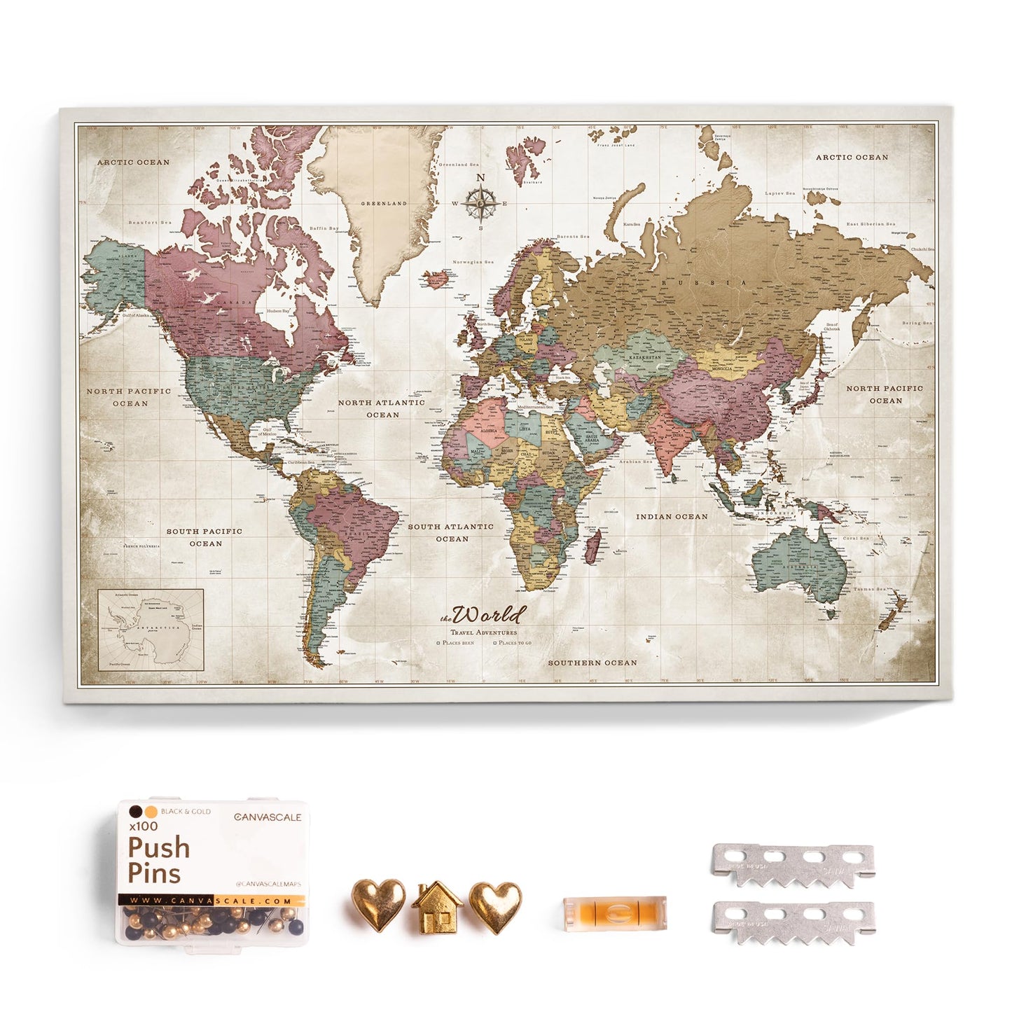 Canvas World Map with Cork Pin Board - English Lettering - Decorative Wall Decoration for All Rooms - Canvas Pictures with World Map Motif (90x60 cm, Pattern 20)