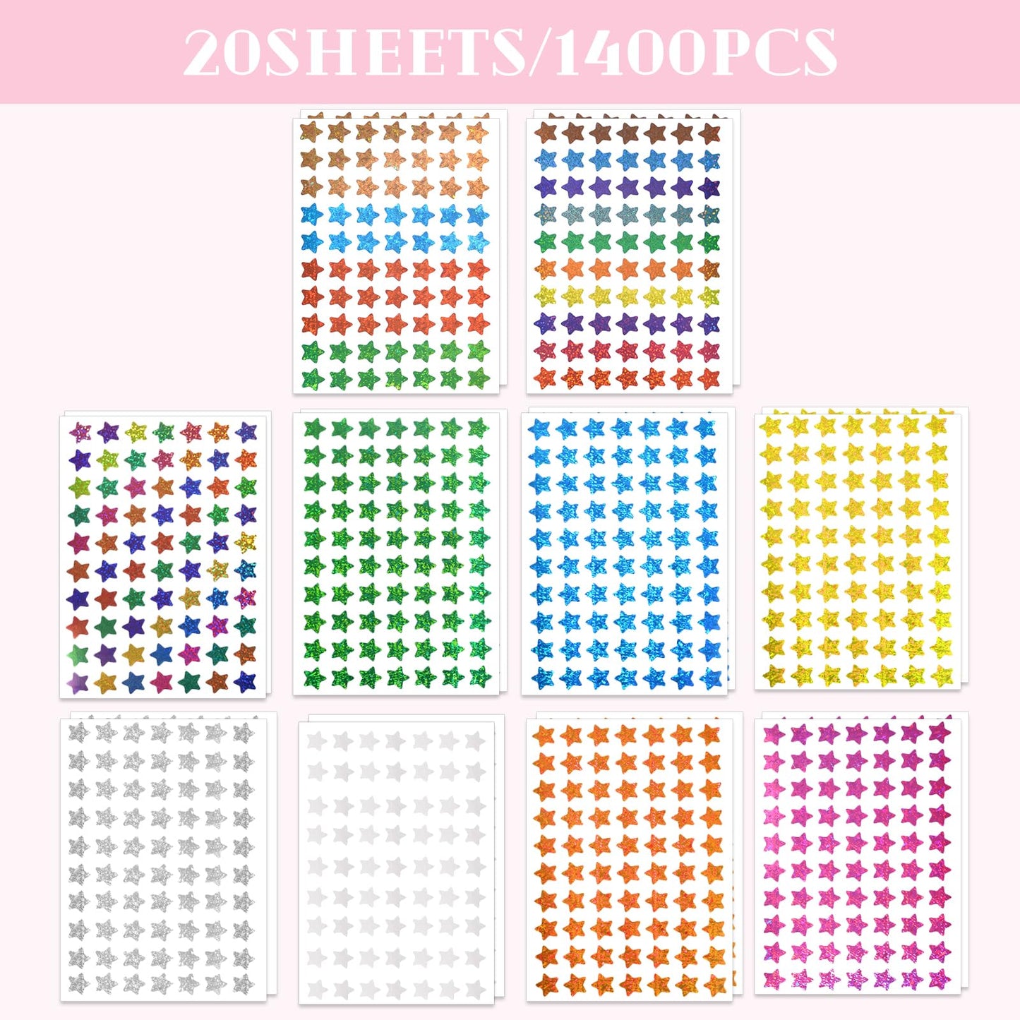 1400 Pcs Star Stickers (20 Sheets), Small Star Stickers Holographic Colorful for Student Reward, Planner Stickers for Teachers Classroom, Behavior Chart & Scrapbooking
