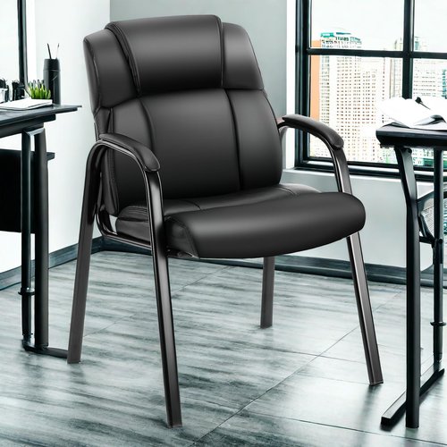 GlasFlength Waiting Room Chairs, Leather Reception Conference Room Chairs with Padded Armrests, Comfy Thickened Cushion Office Guest Chair for Lobby Meeting Home, Black