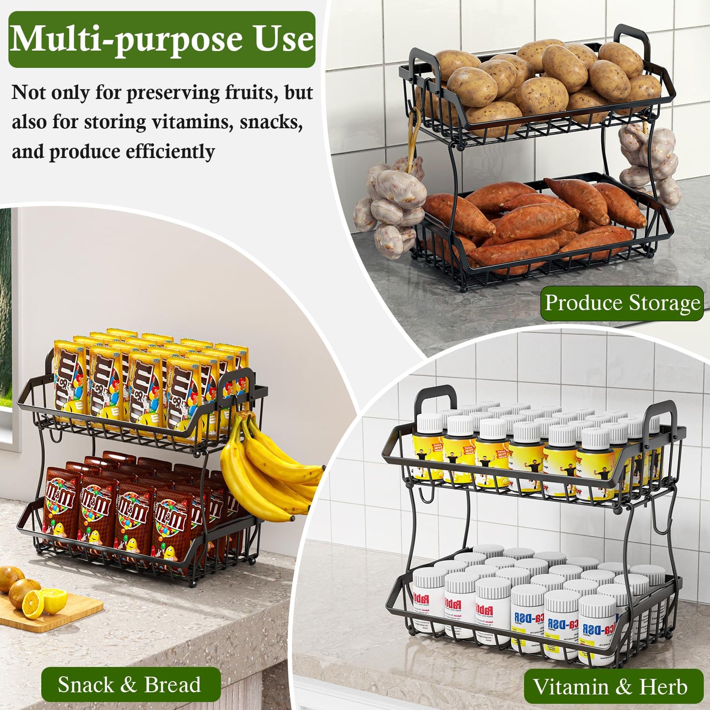 OKZEST 2-Tier Fruit Basket for Kitchen Counter with 2 Banana Hangers, Hanging Fruit Storage Basket Stand, Metal Fruit Organizer Bowl with Handles for Storage Potato Onion Bread Snack Vegetable