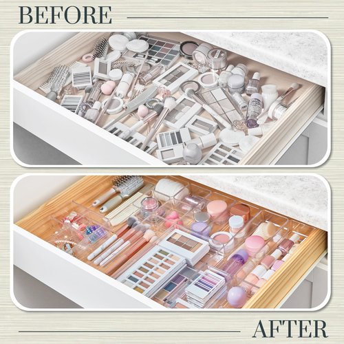 STORi SimpleSort 18-Piece Stackable Clear Drawer Organizer Set | Multi-size Trays | Makeup Vanity Storage Bins and Office Desk Drawer Dividers | Made in USA