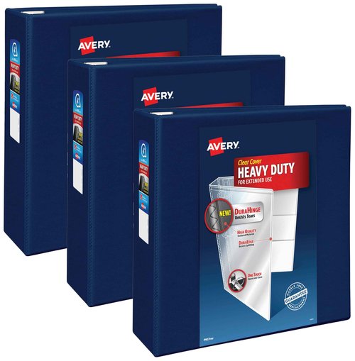 Avery Heavy-Duty View 3 Ring Binder, 4 Inch One Touch EZD Rings, 4.5 Inch Spine, 1 Navy Blue Binder (79804) (Pack of 3)