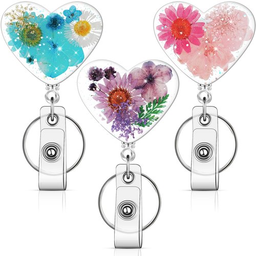 3 Pcs Flower Badge Reel Nurse Retractable Badge Holder Floral Cute Medical Badge Clips with Key Ring Flower Name ID Holder for Teacher Nurse Doctor Worker (Heart Style C)
