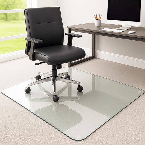 Yuzeyurun Tempered Glass Chair Mat, 55" x 46" Glass Office Chair Mat, 1/5" Thick Clear Floor Mat with Anti-Slip Pads, Heavy Duty Glass Mat for Carpeted and Hard Floor