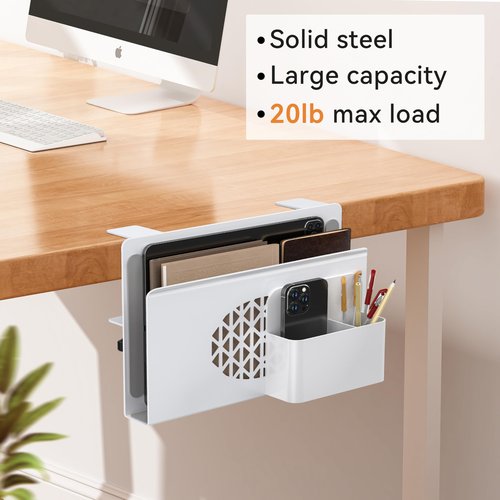 Josmimic Desk Side Storage, Metal Laptop Holder with Magnetic Pen Box, Clamp-On Under Desk Organizer with Cooling Holes & Anti-Scratch Pads for Office and Home (White)