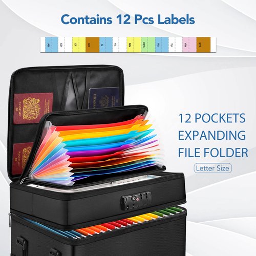 ELOBOON Fireproof Document Box with 13 Pockets Accordian File Organizer, Water-Resistant File Organizer Box with Lock, Collapsible File Storage Cabinet for Hanging Letter/Legal Folder, Black