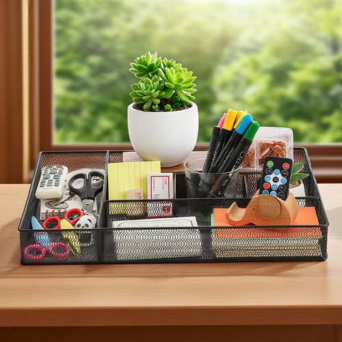 Hiceeden 2 Pack Mesh Desk Drawer Organizer, 16.1"x12.2"x2" Large Desk Organizer Tray with 2 Removable Dividers, 6 Compartment Metal Organizers for Home, Office, Makeup & Vanity