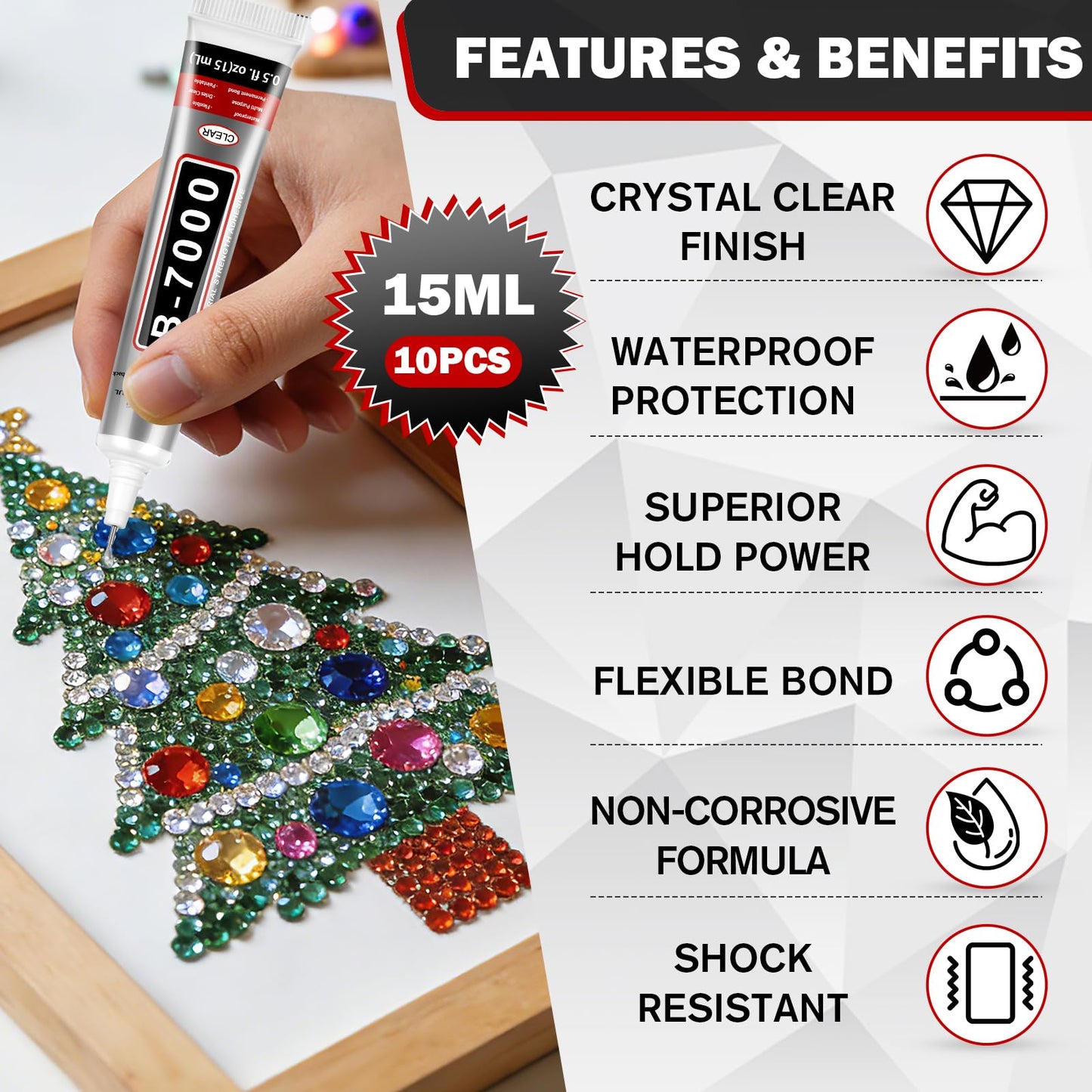 B-7000 Glue Clear with Precision Tip, 15ml 10 Pack Multi-Function Craft Adhesive, Waterproof Strong Bond Glue for Jewelry Making, Rhinestones, Bedazzling, Crafts, Shoes, Fabric, Phone Repair