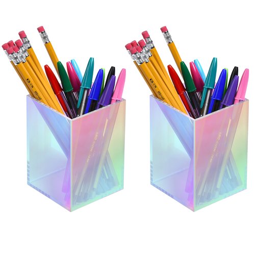 X-FLOAT Rainbow Iridescent Acrylic Pen Holder, Pencil Organizer for Desktop Storage (Set of 2)
