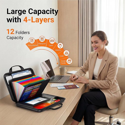 Fireproof Accordion File Organizer - Hard-Shell Document Box with 13 Pockets for Safe Storage