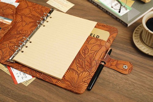 Patterned Leather Portfolio Binder 6 Ring, A5 Planner Portfolio for Women, Work Organizer Padfolio for Men, Brown