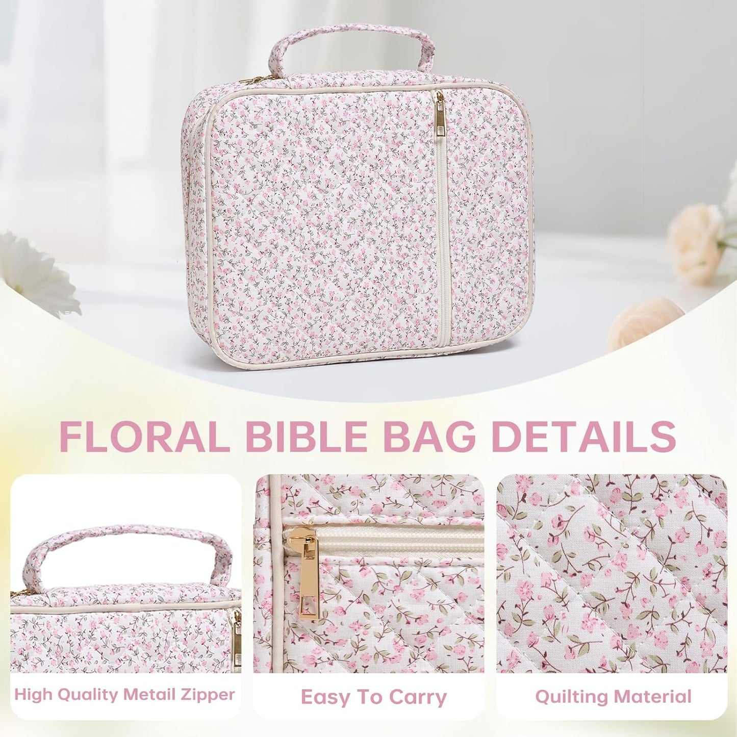 Skiennix Bible Cover Case - Durable Quilted Design for Women | Large Mini Pink Flower Carrying Case