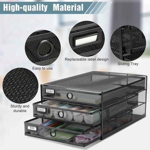 Zhanmai 1 Pack Desk Organizer with Drawer Total 3 Tiers, Wire Mesh Organizers Tray Multifunctional Paper Sorter File Stand for Home Office Supplies Storage Letter A4 Paper Office Accessories (Black)