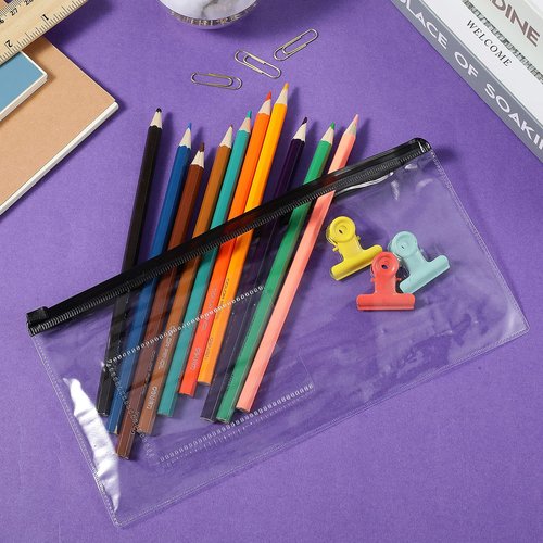 Marspark 100 Pieces Clear Pencil Case Zipper Envelope Bulk with Label Pocket Clear Plastic Envelopes with Zippered, A6 Pencil Bags for Cash, School Office Supplies, 9.2 x 4.7 Inches(Black)