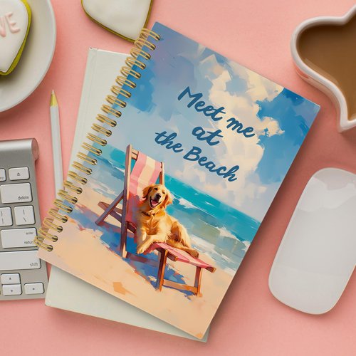 iEFEY Coastal Beach Golden Retriever Spiral Notebook Journal 5.5x8.3in, Dog Pet Lovers Gifts for Women, Ocean Beach Journal, Summer Vacation Puppy Notebooks for Note Taking, Dog Office Supplies