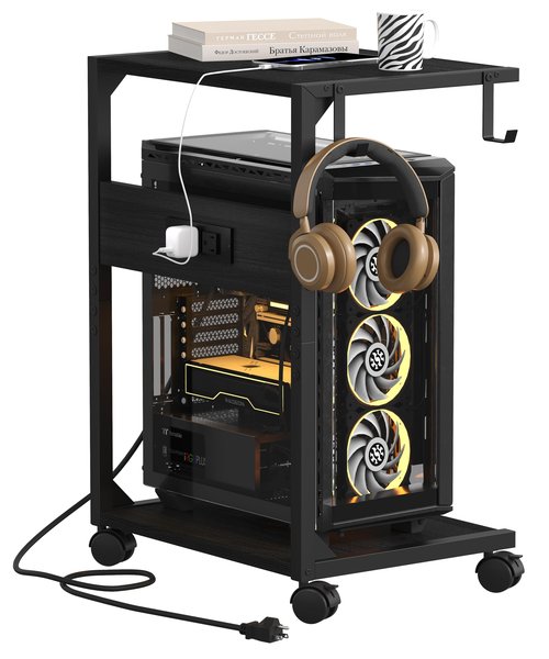 Akxomel 2 Tier Computer Tower Stand with Charging Station, 11.8"D x 16.5"W Rolling Floor PC Tower Stand Fits Under Desk, CPU Holder Cart for Carpet with Hooks, Home Office