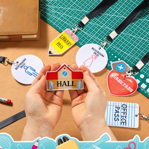 Weekgrat 6 Sets Embroidery Hall Pass Lanyards Cute School Passes Set for Teachers Embroidered Classroom Passes for Bathroom, Library, Office and Nurse Classroom School Supplies Gifts