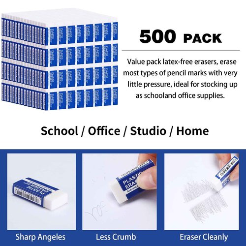 Yeaqee 500 Pcs White Pencil Erasers Bulk Soft Art Erasers School Pencil Erasers for Drawing Kids Student Artist Office Home Writing 1.57 x 0.71 x 0.31 Inch