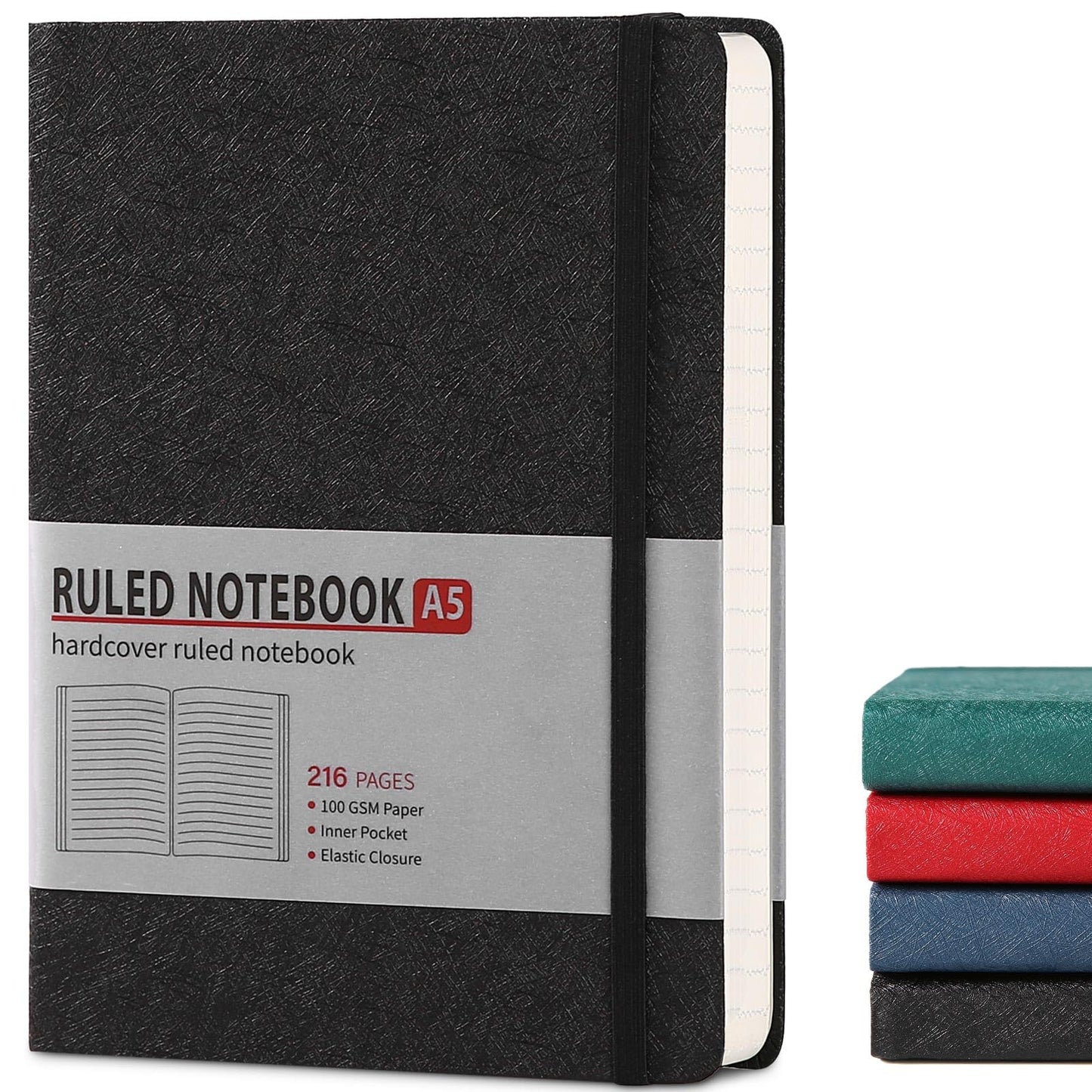 TSFPapier Lined Journal Notebook for Women Men 216 Pages A5 Hardcover Leather Journals for Writing Daily Journaling Notebook for Work, School, Note Taking, Business, Travel (Black)