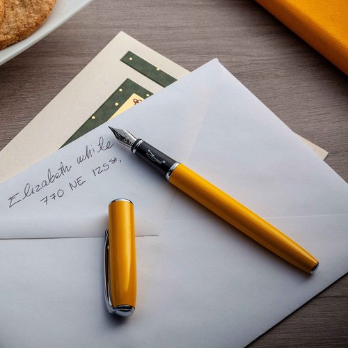ZenZoi Yellow Fountain Pen - Beautiful Writing Instrument for Women, Men. Smooth Schmidt Fine Nib. Luxury Gift Set, Converter, 2 Ink Refills. Nice, Refillable, Professional, Journaling