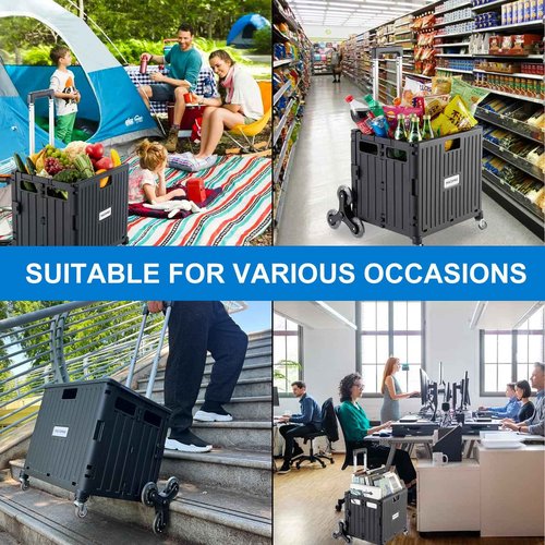 MACOPRO Foldable Utility Cart with Stair Climbing Wheels, Collapsible Rolling Crate with Telescoping Handle, Folding Shopping Trolley Handcart Grocery Book File Tool Teacher Storage Basket (Black)