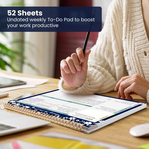 Weekly To Do List Notepad with 52 Undated Sheets（8.5"×11"）- Undated Weekly Planner Notepad for Office Desk Accessories and Supplies - Navy Blossom