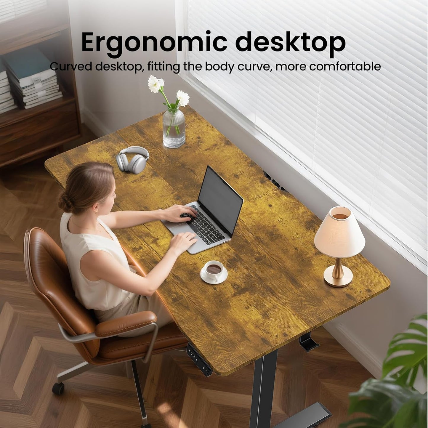 Veken Electric Standing Desk - 55 x 28 Inch Adjustable Height Home Office Table | Brown Wooden Finish