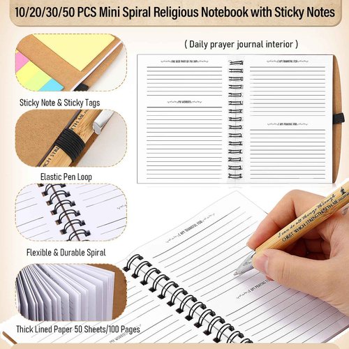 Spakon 20 Set Christian Gifts Bulk Church Gifts Religious Notebook Spiral Bible Verse Bamboo Pens Mini Bible Study Journal for Sunday School Employee Coworker Men Women (Brown)