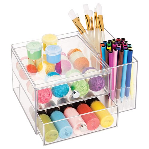 iDesign Plastic Vanity, Compact Storage Set Compartments for Cosmetics, Dental Supplies, Hair Care, Bathroom, Dorm, Desk, Countertop, Office, 6.5" x 6.5" x 6.5", 2 Drawer-Side Organizer