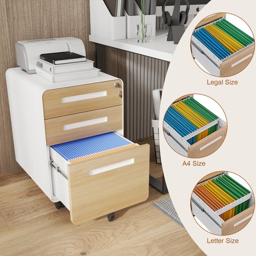 BouPower 3 Drawer File Cabinet for Home Office, Under Desk Mobile Filing Cabinet with Lock for A4/Letter/Legal Size, 5 Wheel Anti-Tilt Rolling File Cabinets, Fully Assembled (Except Casters)