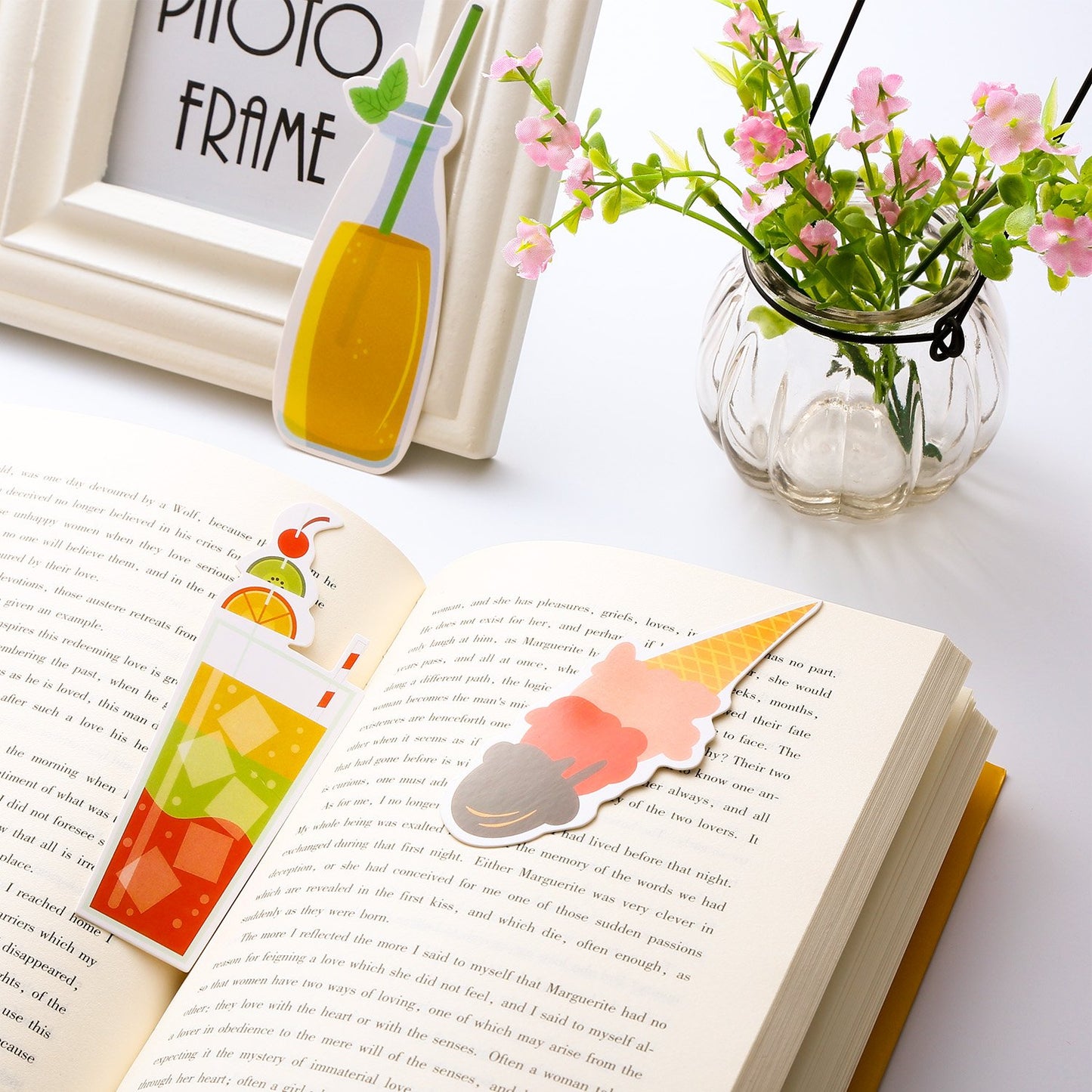Blulu 60 Pieces Summer Bookmarks Cold Drink Theme Cute Colorful Dessert Bookmarks for Students Kids Adults Reading(Color 1)