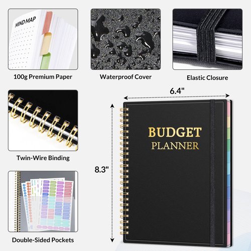 SUNEE Budget Planner - Monthly Budget Book with Expense Tracker Notebook, Undated 12 Month Bill Organizer & Finance Planner to Manage Your Money, A5(6.4" x 8.3") Account Book with Colorful Tab, Black