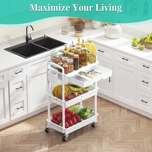 EaseSky 3 Tier Rolling Cart with Drawer, Bathroom Storage Organizer with 2 Lockable Wheels, Multifunctional Rolling Storage Cart for Bathroom, Kitchen, Office, Craft, Makeup, Baby Essentials, White