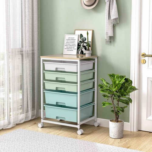 Craft cart,Rolling Cart with Drawers,Storage Cart with 5 Drawers and Wooden Tabletop for Under Desk Organizers and Storage,Green