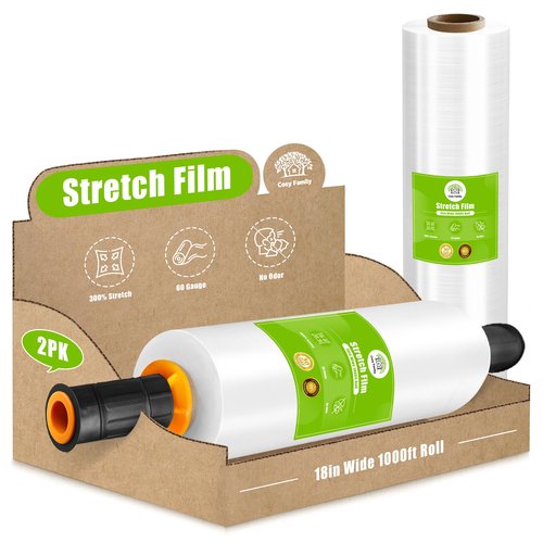 Cosy Family Plastic Wrap Stretch Film Roll - 1000ft 60 Gauge Industrial Strength 18 inch Wide Clear Plastic Wrap Roll with Handles for Pallet Wrapping Shipping Moving - Clear, Pack of 2