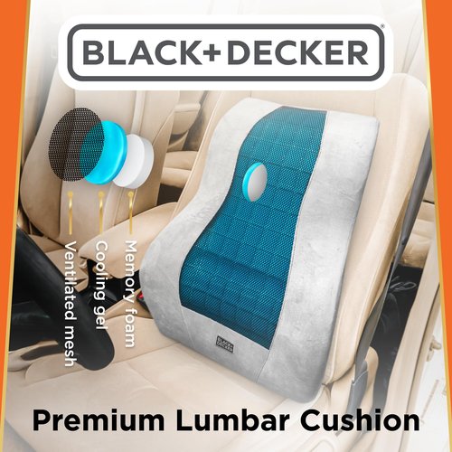 BLACK+DECKER Memory Foam Lumbar Support Pillow with Cooling Gel – High Back Lumbar Cushion for Office, Car, Wheelchair & Airplane – Ergonomic, Pain Relief, Adjustable Strap, Washable Cover,Grey/Black