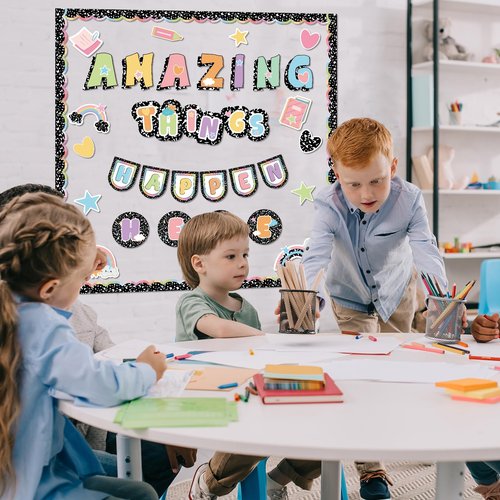 53Pcs Composition Classroom Bulletin Board Decor Girl Style Amazing Things Happen Here Positive Cutouts Inspirational Back to School Bulletin Board Sets for Teacher Students Office Home Wall Supply