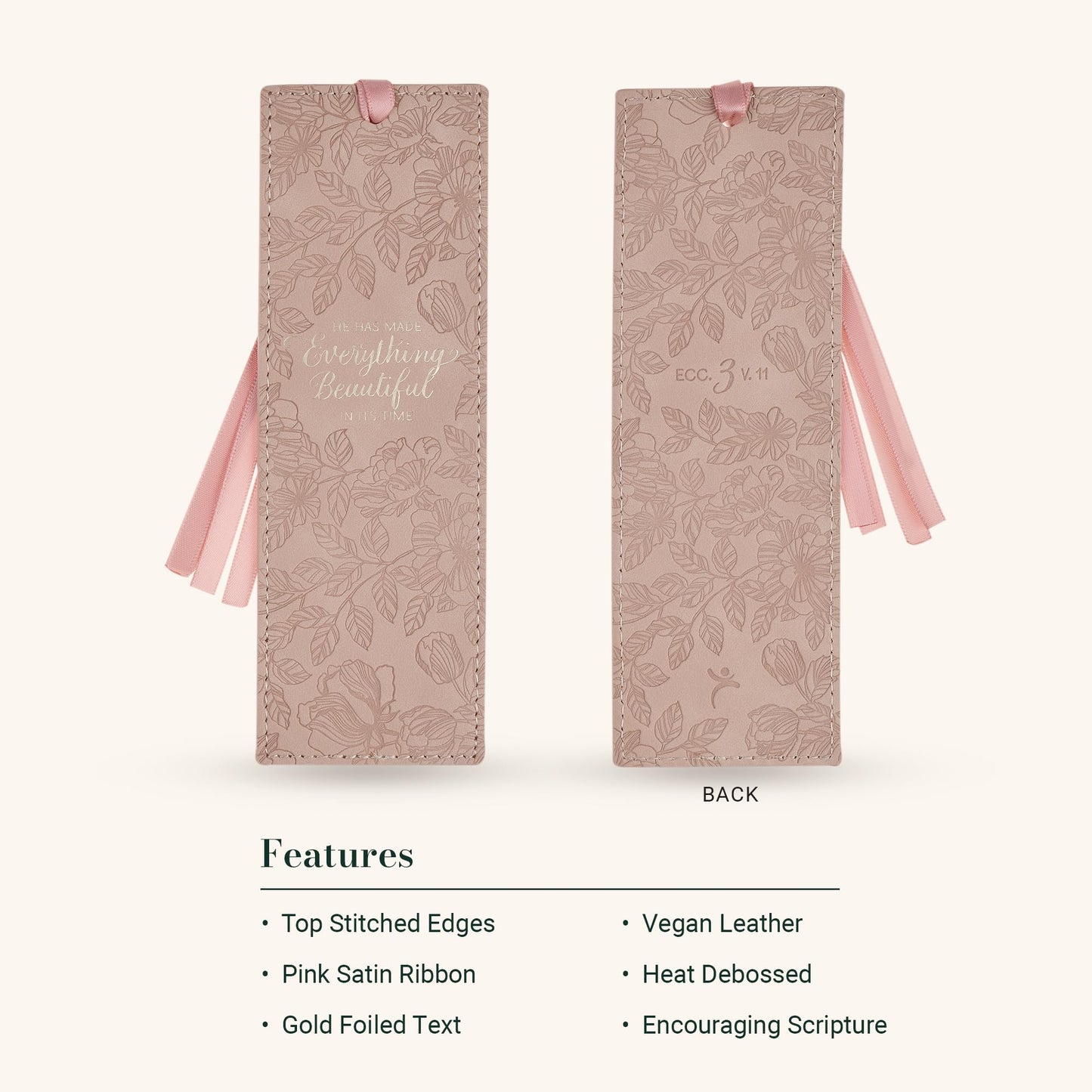 Christian Art Gifts Premium Vegan Leather Motivational Scripture Bookmark for Women: Everything Beautiful Encouraging Bible Verse, Smooth Satin Ribbon, Debossed Floral Reading Accessory, Pastel Pink