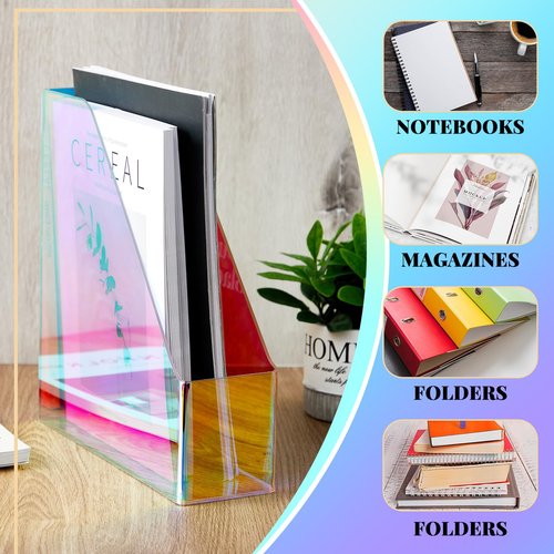 Engrowtic 2 Pcs Iridescent Vertical Magazine File Holder Acrylic Magazine Holder Storage Magazine Organizer Plastic Clear Acrylic Magazine Rack for Office Classroom Home Document Paper Book Collection
